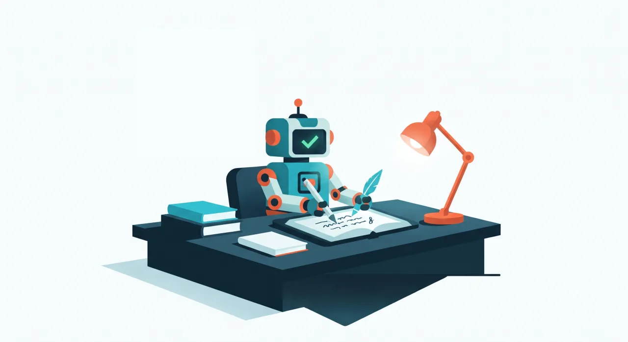 Illustration: ein Roboter sitzt an einem Schreibtisch und schreibt mit einer Feder in ein aufgeschlagenes Dokument.