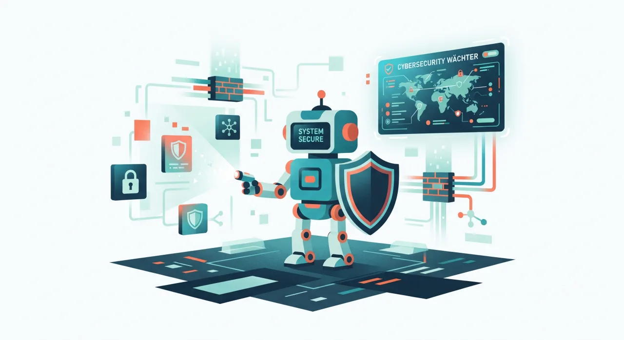 Illustration: ein Roboter hält einen Schutzschild vor sich, umgeben von Symbolen für Schloss, Firewall und Netzwerk.