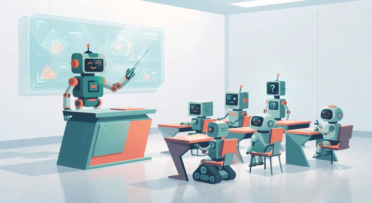 Illustration: ein Roboter steht als Lehrer an einem Pult vor einer Tafel und unterrichtet mehrere Roboter, die an Tischen sitzen.